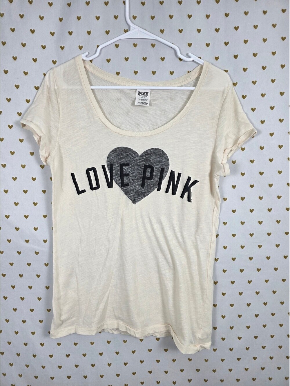 Victorias Secret PINK Love Heart Off White Tee shirt Large